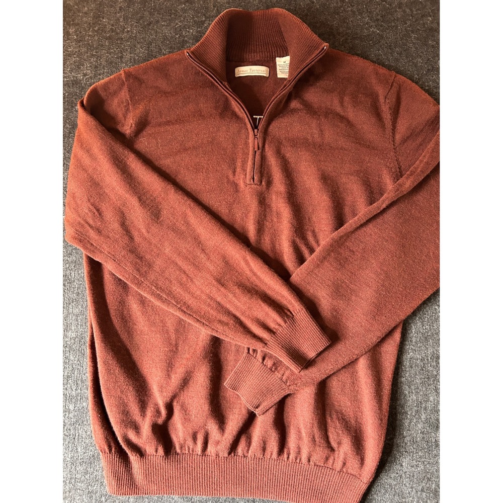 James Tattersall Mens Quarter Zip Sweater‎ Rust Orange Extra Fine Merino Wool M